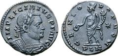 Roman Imperial Licinius I BI Nummus. London, circa AD 311-312. IMP LICINIVS P F AVG, laureate and cuirassed bust right / GENIO POP ROM, Genius standing left, holding patera and cornucopiae, lions skin