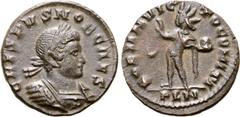 Roman Imperial Crispus, as Caesar, BI Nummus. London, AD 318. CRISPVS NOB CAES, laureate and cuirassed bust right / SOL INVICTO COMITI, Sol standing left with chlamys across shoulder and raised right 