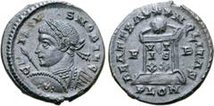 Roman Imperial Crispus, as Caesar, BI Nummus. London, AD 322-323. CRISPVS NOBIL C, laureate and cuirassed bust left, holding spear and shield / BEAT TRANQLITAS, altar inscribed VOTIS XX in three lines