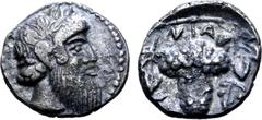 GREEK Sicily, Naxos AR Litra. Circa 461 BC. Bearded and ivy-wreathed head of Dionysos right / NA-XI, bunch of grapes with vines around. Cahn, Naxos 63 (same dies); 0.73g, 10mm, 7h. Good Very Fine. Ext