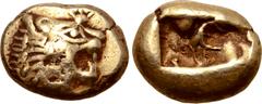 GREEK Kingdom of Lydia, Alyattes EL Trite - 1/3 Stater. Sardes, circa 610-546 BC. Head of roaring lion right, sunburst with four rays on forehead / Two incuse square punches. GRPC Lydia G24; Weidauer 