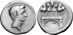 ROMAN IMPERATORIAL Octavian AR Denarius. Rome, 29-27 BC. Bare head to right / IMP CAESAR on architrave of arch surmounted by facing quadriga bearing Octavian. CRI 422; RIC 267; BMC 624; RSC 123 (Augus