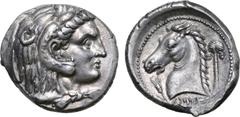 Greek Sicily, Siculo-Punic AR Tetradrachm. Entella or Lilybaion (?), circa 300-289 BC. Head of Herakles right, wearing lion skin headdress / Head of horse to left; date palm behind, 'MHMḤNT ('The Peop