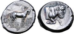 Greek Sicily, Gela AR Tetradrachm. Circa 420-415 BC. Charioteer, holding kentron and reins, driving slow biga to right; above, Nike flying to left, crowning charioteer; stork taking flight in exergue 