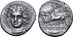 Greek Sicily, Katane AR Tetradrachm. Circa 405-403 BC. Obverse die signed by Herakleidas. Head of Apollo three-quarters facing, turned slightly to left, his hair falling in disordered locks about his 