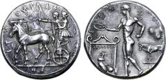 Greek Sicily, Selinos AR Tetradrachm. Circa 455-409 BC. Artemis driving slow quadriga to left, holding reins in both hands, beside her stands Apollo drawing bow; ΣEΛINONTION (retrograde) around / Rive