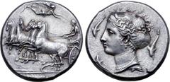 Greek Sicily, Syracuse AR Tetradrachm. Time of Dionysios I, circa 410-395 BC. Unsigned dies by Parmenides. Charioteer, holding kentron and reins, driving fast quadriga to left, about to turn left, Nik
