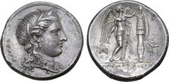 Greek Sicily, Syracuse AR Tetradrachm. Time of Agathokles, circa 310-306/5 BC. Head of Kore right, wearing wreath of grain ears, single-pendant earring, and necklace; KOPAΣ to left / Nike standing rig