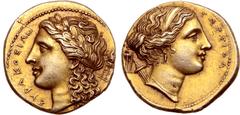 Greek Sicily, Syracuse EL Stater (100 Litrai). Time of Agathokles, circa 304-289 BC. Laureate head of Apollo to left; tripod behind, ΣYPAKOΣIΩN before / Head of Artemis to right, wearing earring and p