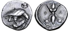 Greek Elis, Olympia, AR Hemidrachm. 90th Olympiad, 420 BC. Eagle with closed wings, standing to right upon dead hare and tearing at it with its beak; c/m: owl standing left, head facing within incuse 
