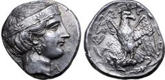 Greek Elis, Olympia AR Stater. 'Hera' mint, 109th Olympiad, 344 BC. Head of Hera right, wearing stephane, F-A across fields / Eagle, with spread wings, standing left, head right, on head of stag right