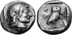 Greek Attica, Athens AR Tetradrachm. Circa 510-500/490 BC. Archaic head of Athena right, wearing crested Attic helmet decorated with chevron and dot pattern / AΘE, owl standing three-quarters right, h