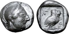 Greek Attica, Athens AR Tetradrachm. Circa 510-500/490 BC. Archaic head of Athena right, wearing crested Attic helmet decorated with chevron and dot pattern / AΘE, owl standing three-quarters right, h