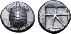 Greek Islands off Attica, Aegina AR Stater. Circa 456/45-431 BC. Land tortoise with segmented shell seen from above, head in profile to left / Large square incuse with heavy skew pattern. Meadows, Aeg