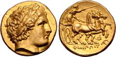 Greek Kingdom of Macedon, Philip III Arrhidaios AV Stater. In the name and types of Philip II. Lampsakos, circa 323-316 BC. Laureate head of Apollo to right / Charioteer, holding kentron and reins, dr