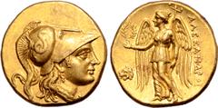 Greek Kings of Thrace, Lysimachos AV Stater. In the name and types of Alexander III. Uncertain mint in western Asia Minor or Thrace (Lysimacheia?), circa 323-280 BC. Head of Athena right, wearing cres