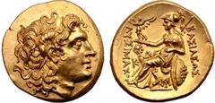Greek Kings of Thrace, Lysimachos AV Stater. Lysimacheia, circa 297-281 BC. Diademed head of Alexander right / ΒΑΣΙΛΕΩΣ ΛΥΣΙΜΑΚΟΥ, Athena Nikephoros seated left, spear over shoulder, resting left arm 