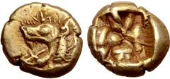Greek Ionia, uncertain mint EL Hekte - 1/6 Stater. Circa 6th century BC. Wolf's head left, sunburst to forehead(?) / Irregular incuse punch. Cf. Rosen 330 (1/24 stater) = Rosen Sale 92 = Linzalone Ln1
