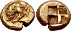 Greek Mysia, Kyzikos EL Hekte - 1/6 Stater. Circa 550-500 BC. Forepart of lioness left, devouring prey; tunny fish upwards behind / Quadripartite incuse square. SNG France 181; Greenwell 109; Rosen 43
