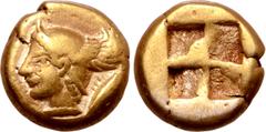 Greek Mysia, Kyzikos EL Hemihekte - 1/12 Stater. Circa 550-500 BC. Head of youthful Perseus to left, wearing winged helmet; tunny fish downwards behind / Quadripartite incuse square. Von Fritze 65 var