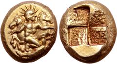 Greek Mysia, Kyzikos EL Hekte - 1/6 Stater. Circa 450-350 BC. Helios, radiate, crouching nude to right, holding the reigns of two horses, the foreparts of which are visible facing to left and right be