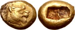 Greek Kingdom of Lydia, Alyattes EL Trite - 1/3 Stater. Sardes, circa 610-546 BC. Head of roaring lion right, sunburst with six rays on forehead / Two incuse square punches. GRPC Lydia G26; Weidauer 8