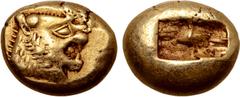 Greek Kingdom of Lydia, Alyattes EL Trite - 1/3 Stater. Sardes, circa 610-546 BC. Head of roaring lion right, sunburst with five rays on forehead / Two incuse square punches. GRPC Lydia G25; Weidauer 