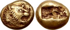 Greek Kingdom of Lydia, Alyattes EL Trite - 1/3 Stater. Sardes, circa 610-546 BC. Head of roaring lion right, sunburst with seven rays on forehead / Two incuse square punches. GRPC Lydia G27; Weidauer