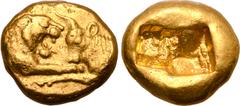 Greek Kingdom of Lydia, Kroisos AV Stater. Light series. Sardes, circa 564/53-550/39 BC. Confronted foreparts of roaring lion to right and bull to left, each with extended foreleg / Two incuse squares