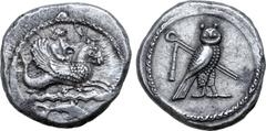 Greek Phoenicia, Tyre AR Stater. Circa 425-394 BC. Melkart, holding bow in extended left hand and reins in right, riding hippocamp to right; below, waves above dolphin swimming to right / Owl standing
