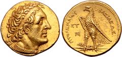 Greek Ptolemaic Kingdom of Egypt, Ptolemy I Soter AV Trichryson - Pentadrachm. Uncertain mint 10, on Cyprus (Salamis or Kitium), from 294 BC. Obverse die signed by the artist D. Diademed head of Ptole