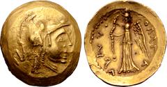 Greek Southern Arabia (Arabia Felix), imitative Alexander type AV Stater. Late 3rd - 2nd centuries BC. Head of Athena right, wearing triple crested Corinthian helmet / Stylised figure of Nike standing