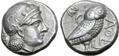 Greek Baktria, 'Athenian Series' AR Didrachm. Uncertain mint in the Oxus region, circa 261-239/8 BC. Attic standard. Head of Athena right, wearing earring, necklace, and crested Attic helmet decorated