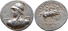 Greek Greco-Baktrian Kingdom, Eukratides I Megas AR Tetradrachm. Circa 170-145 BC. Diademed heroic bust left, seen from behind, wearing crested helmet adorned with bull's horn and ear, brandishing spe