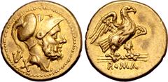 Roman Republic Anonymous AV 60 Asses. Rome, circa 211-207 BC. Bearded head of Mars right, wearing crested Corinthian helmet; ↓X (mark of value) behind / Eagle standing right on thunderbolt, with sprea