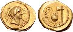 Roman Imperatorial Julius Caesar AV Aureus. Rome, 46 BC. A. Hirtius, praetor. Veiled head of Vesta right, C•CAESAR COS • TER around / Emblems of the augurate and pontificate: lituus, guttus, and secur