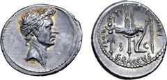 Roman Imperatorial Julius Caesar AR Denarius. Postumous Issue. Rome, 40 BC. Ti. Sempronius Gracchus, moneyer. Laureate head of Caesar right / Signum, aquila, plow, and decempeda; TI•SEMPRONIVS above, 