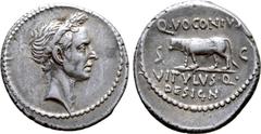 Roman Imperatorial Julius Caesar AR Denarius. Postumous Issue. Rome, 40 BC. Q. Voconius Vitulus, moneyer. Laureate head of Caesar right / Bull-calf walking left; Q•VOCONIVS above, VITVLVS•Q• DESIGN in