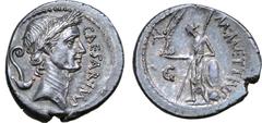 The G.T. Collection of the Twelve Caesars Julius Caesar AR Denarius. Lifetime issue. Rome, late February 44 BC. M. Mettius, moneyer. CAESAR IMP, laureate head of Caesar to right; lituus and simpulum b