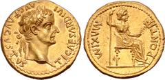 The G.T. Collection of the Twelve Caesars Tiberius AV Augustus. Lugdunum, AD 14-37. TI CAESAR DIVI AVG F AVGVSTVS, laureate head right / PONTIF MAXIM, Livia as Pax seated to right on chair with orname