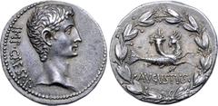 Roman Imperial Augustus AR Cistophoric Tetradrachm. Pergamum, 27-26 BC. IMP•CAESAR, bare head right / AVGVSTVS, capricorn right, head left, bearing cornucopiae on back; all within laurel wreath. RIC 4
