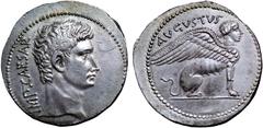 Roman Imperial Augustus AR Cistophoric Tetradrachm. Uncertain mint in Asia, soon after 27 BC. IMP•CAESAR, bare head to right / AVGVSTVS, Sphinx seated to right on ground line. RIC 527; C. 31; BMC 702;