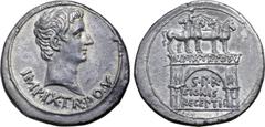 Roman Imperial Augustus AR Cistophoric Tetradrachm. Pergamum, circa 19-18 BC. IMP•IX•TR[•PO•V•], bare head right / Triumphal Arch of Augustus, surmounted by charioteer in facing quadriga, an aquila be