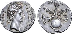 Roman Imperial Augustus AR Denarius. Uncertain Spanish mint (Colonia Caesaraugusta?), 19-18 BC. CAESAR AVGVSTVS, laureate head to right / S•P•Q•R, Victory flying to right, holding wreath over uninscri