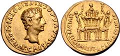 Roman Imperial Augustus AV Aureus. Spanish mint (Colonia Patricia?), 18-17 BC. S•P•Q•R•IMP•CAESARI•AVG•COS•X•TR•POT•VI, bare head right / CIVIB•ET•SIGN•MILIT•A•PART•RECVPER, triple triumphal arch, cen