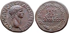 Roman Imperial Claudius Æ Sestertius. Rome, AD 41-42. TI CLAVDIVS CAESAR AVG P M TR P IMP, laureate head to right / EX S C OB CIVES SERVATOS in four lines; all within oak wreath. RIC 96; C. 39; BMCRE 