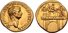 Roman Imperial Claudius AV Aureus. Rome or Lugdunum, AD 46-47. TI CLAVD CAESAR AVG P M TR P VI IMP XI, laureate head right / DE BRITANN on architrave of triumphal arch surmounted by equestrian statue 