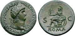 Roman Imperial Nero Æ Sestertius. Rome, AD 65. NERO CLAVDIVS CAESAR AVG GER P M TR P IMP P P, laureate bust to right, slight drapery / Roma, helmeted and draped, seated to left on cuirass, right foot 