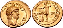 Roman Imperial Nero AV Aureus. Lugdunum, AD 63. NERO • CAESAR • AVG • IMP, youthful bare head to right / PONTIF MAX TR P•X COS•IIII•P•P, Roma standing to left, holding spear and balancing parazonium o
