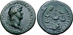 Roman Imperial Nero Æ Sestertius. Rome, circa AD 64. NERO CLAVDIVS CAESAR AVG GER P M TR P IMP P P, laureate bust right, wearing aegis / The Port of Ostia: seven ships within the harbour; at the top i